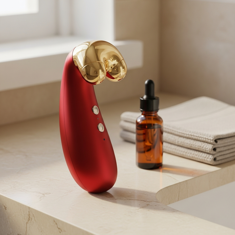Velora massager on a marble vanity with facial serum